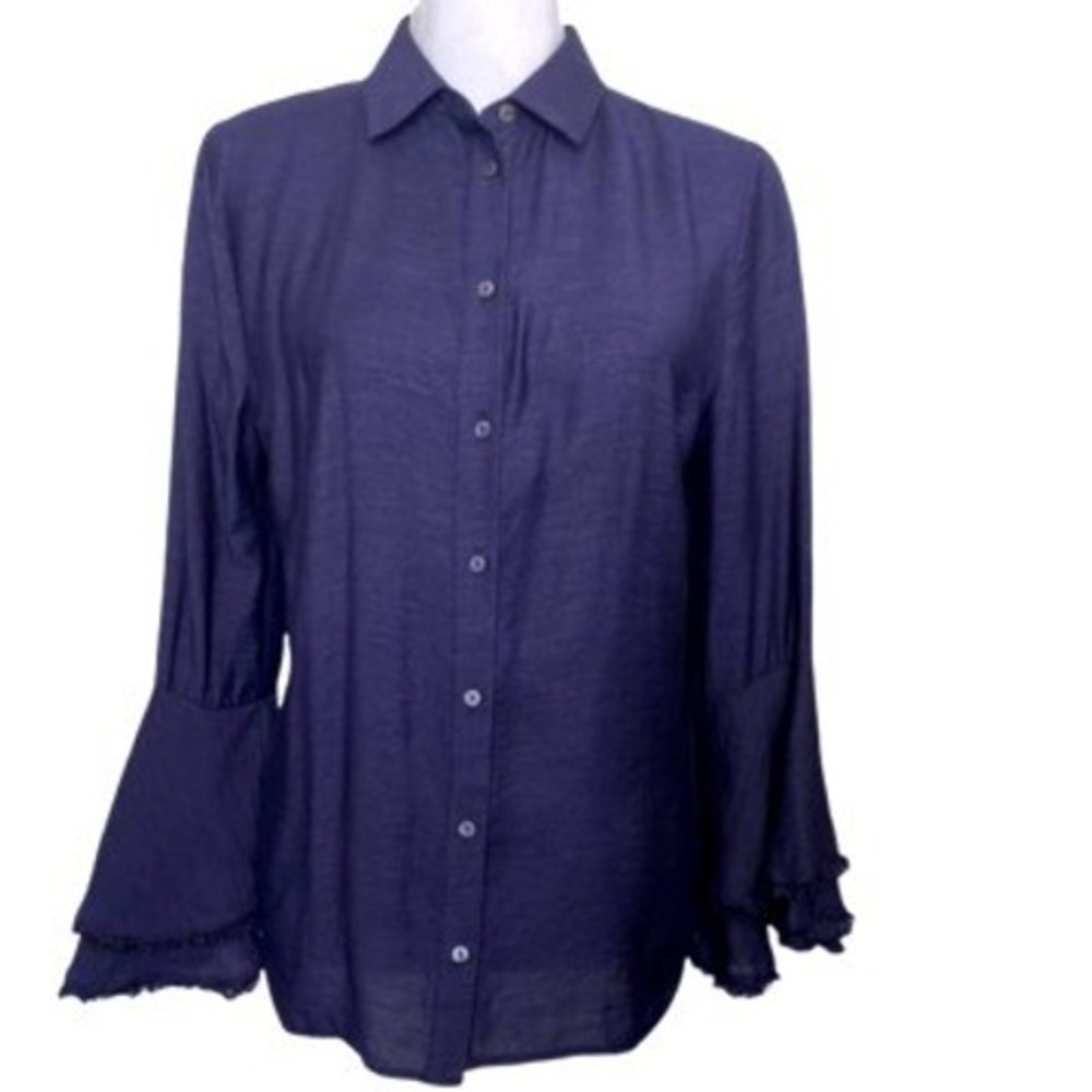 Current Air Button Down Shirt Womens Large Bell Sleeve Fringe Navy Blue Boho Top
